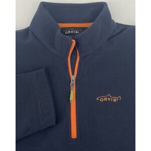 Orvis 1/4 Zip Navy Blue Orange Mens Medium Sweater Waffle Knit Pullover Outdoor